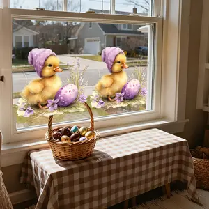 A set (30*30cm*2pcs) of Easter little yellow duck purple colored egg flower flat static stickers, Decorative Stickers, window stickers for holiday window displays and home background decoration, DJ6050*2