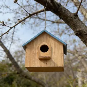 Blue Roof Birdhouse for Backyard Garden Decor, Provides Nesting Space for Wild Birds, Ideal for Outdoor Decoration and Wildlife Support
