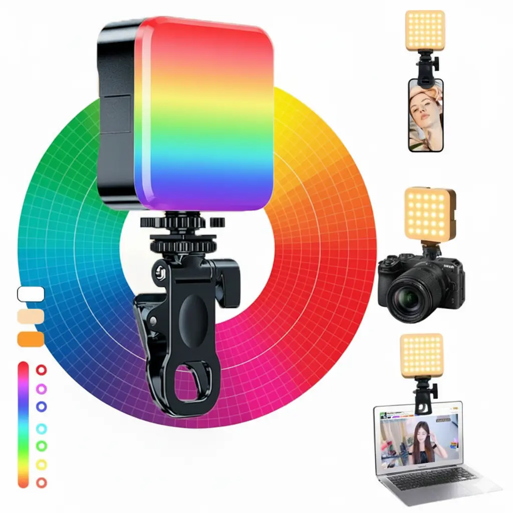 Portable Handheld Pocket Beauty Fill Light, 360° Full Color RGB Video LED On-Camera Light, 3 Cold Shoe Mount, 2000mAh Rechargeable, 2700K–6500K for Vlogging, YouTube & Mobile Content Creation