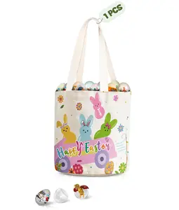 Easter Tote Bags for Kids - Large Easter Canvas Basket with Handles for Egg Hunting Parties, Bunny Design