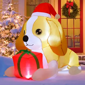 GOOSH 5 Ft Long Christmas Inflatables Dog with Present Box & LEDs for Xmas Garden Lawn Indoor Party Decor