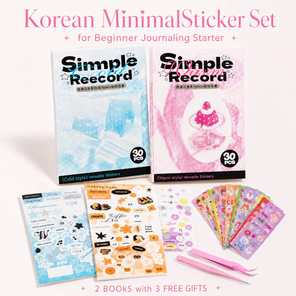 Korean Minimal Aesthetic Sticker Book Set, Beginner Journaling Starter Kit for Scrapbooking, Bullet Journals, Planners & DIY Crafts, with 2 Free Precision Tweezers and 20 Sticker Sheets