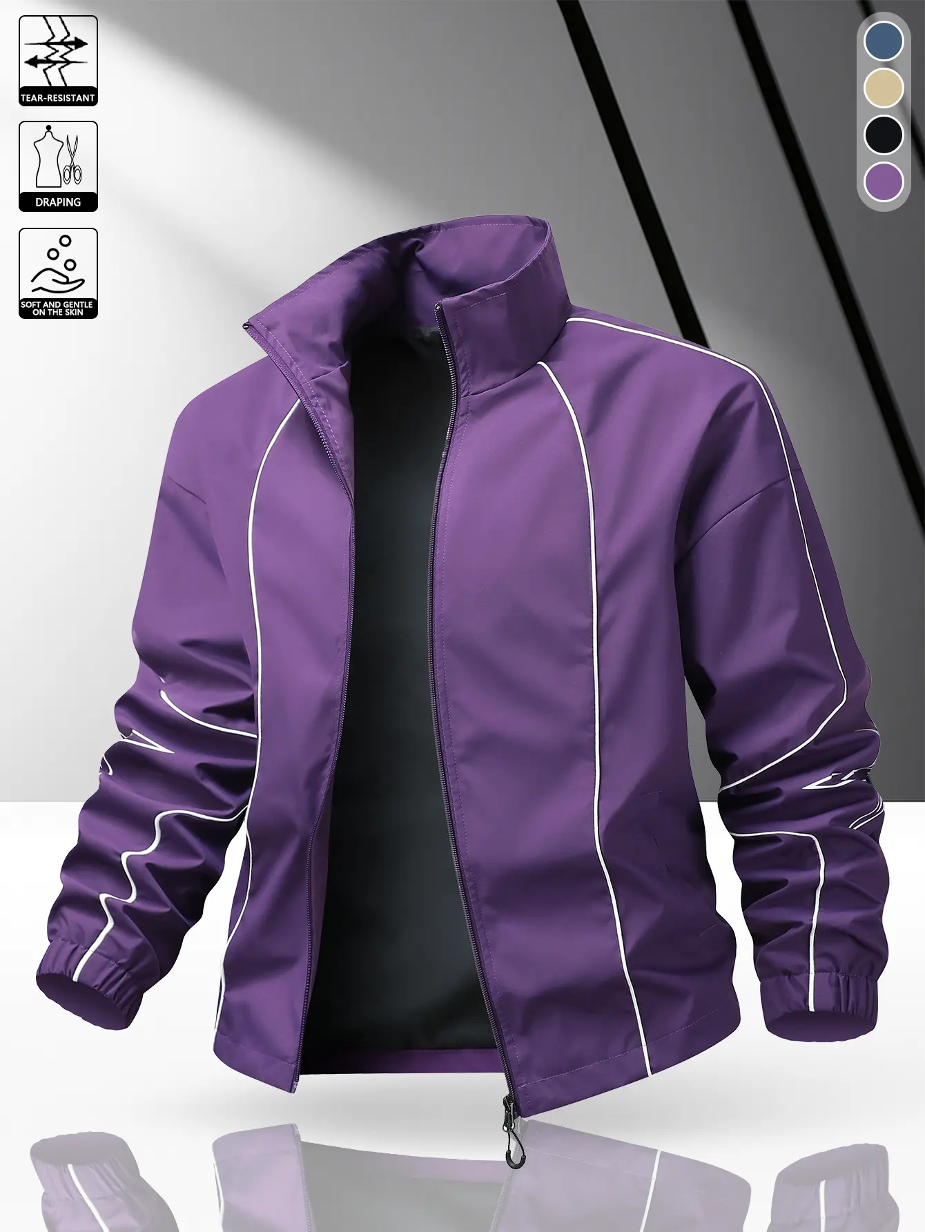 Men’s Purple Line-Detail Stand Collar Jacket | Trendy Sporty Outerwear for Commuting and Street Style, Versatile Men’s Top for Multiple Scenarios