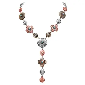 Women's Stunning Tri Toned Western Conchos With Semi Precious Turquoise Howlite Stone Y-Drop Collar Necklace, 17"+3" Extender