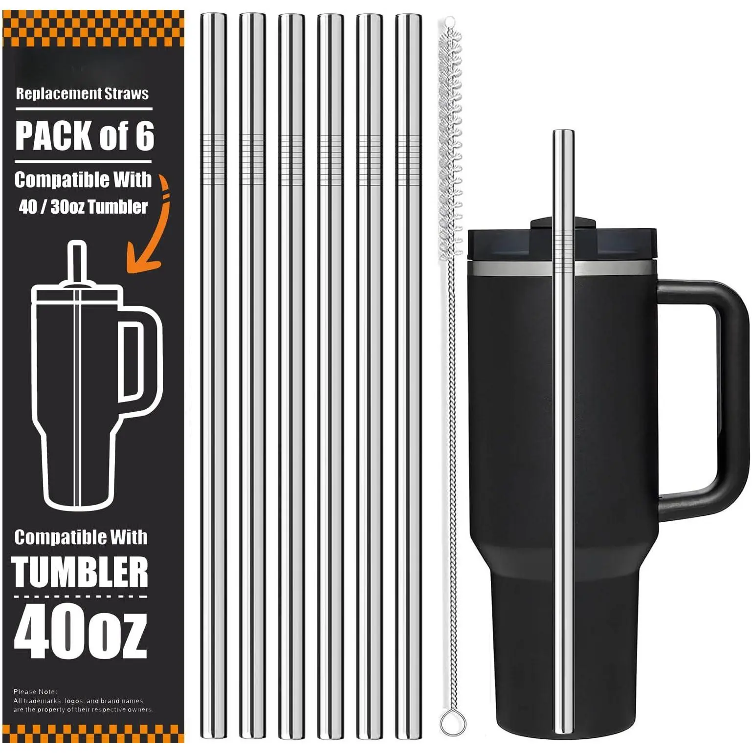 Stainless Steel Straw Replacement For 40 Oz 30 Travel Tumbler Cup  6 Pack Reusable Metal Straws With Brush Compatible Owala Dishwasher Safe &
