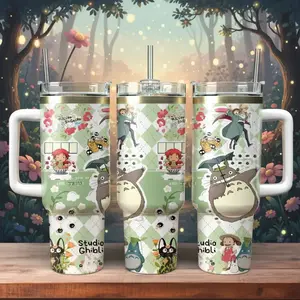 Studio Ghibli 40oz Tumbler with Handle | Totoro, Howl's Moving Castle & Ponyo Anime Travel Mug with Straw | Perfect Gift for Ghibli Lovers