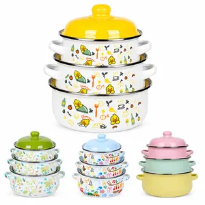 3‑Size Cute Enamel Stock Pot Set | Cartoon Printed Double Handle Cooking Pot, Versatile Kitchen Soup Cookware for Home Use soup pot mini