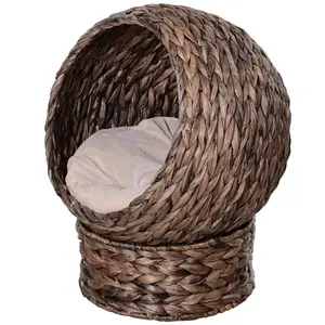 Handwoven Elevated Cat Bed - Brown Wicker Rotating Basket Bed with Soft Cushion and Stand, Ideal for Living Room, Bedroom