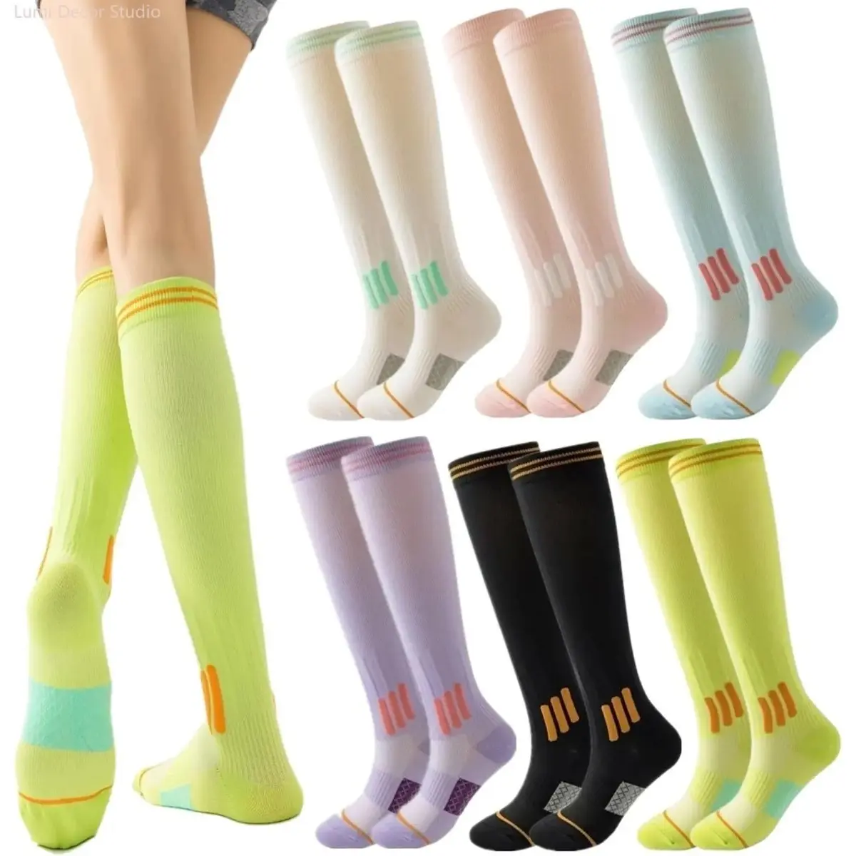 Women's 6-Pack Compression Socks, Knee High Athletic Support Socks with Breathable Stretch Fabric for Running, Travel, Workout and Daily Sports Wear, 6 Pcs, Female, Synthetic, Stretchy