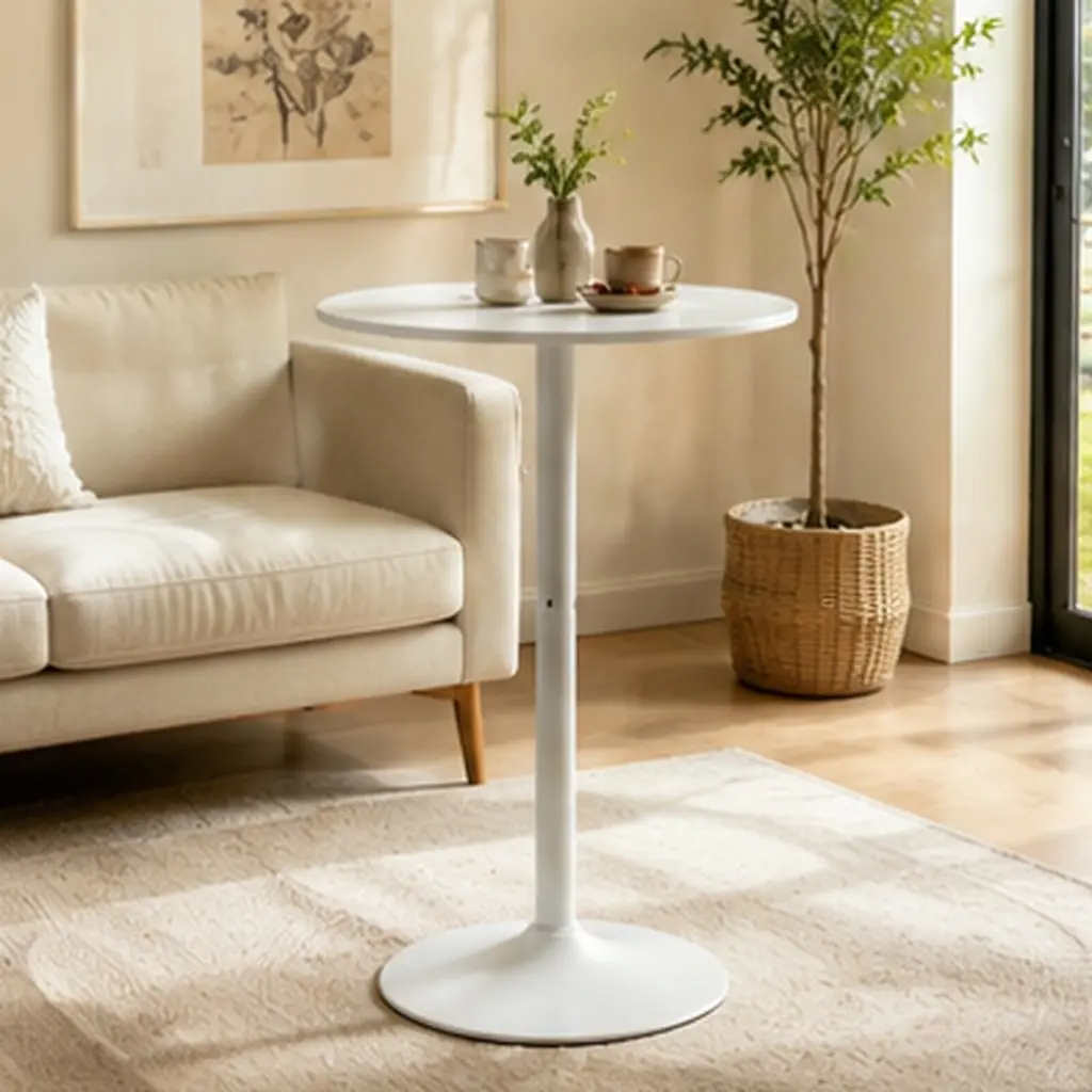 White Round Bar Table 24in Modern Dining Table MDF Iron Matte Base Small Space Kitchen Coffee Table Home Bar Furniture Pedestal Design Easy Assembly, White Color Options, MDF+Iron Material, Classic Style, Product Dimensions: 24.00 W x 24.00 D