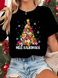 100% cotton women Hawaiian Floral Christmas Tree Mele Kalikimaka Tropical Xmas T-Shirt Print Round Neck Short Sleeve Streetwear Fashion Breathable Soft Unisex Designer Clothes For Women Casual Clothes