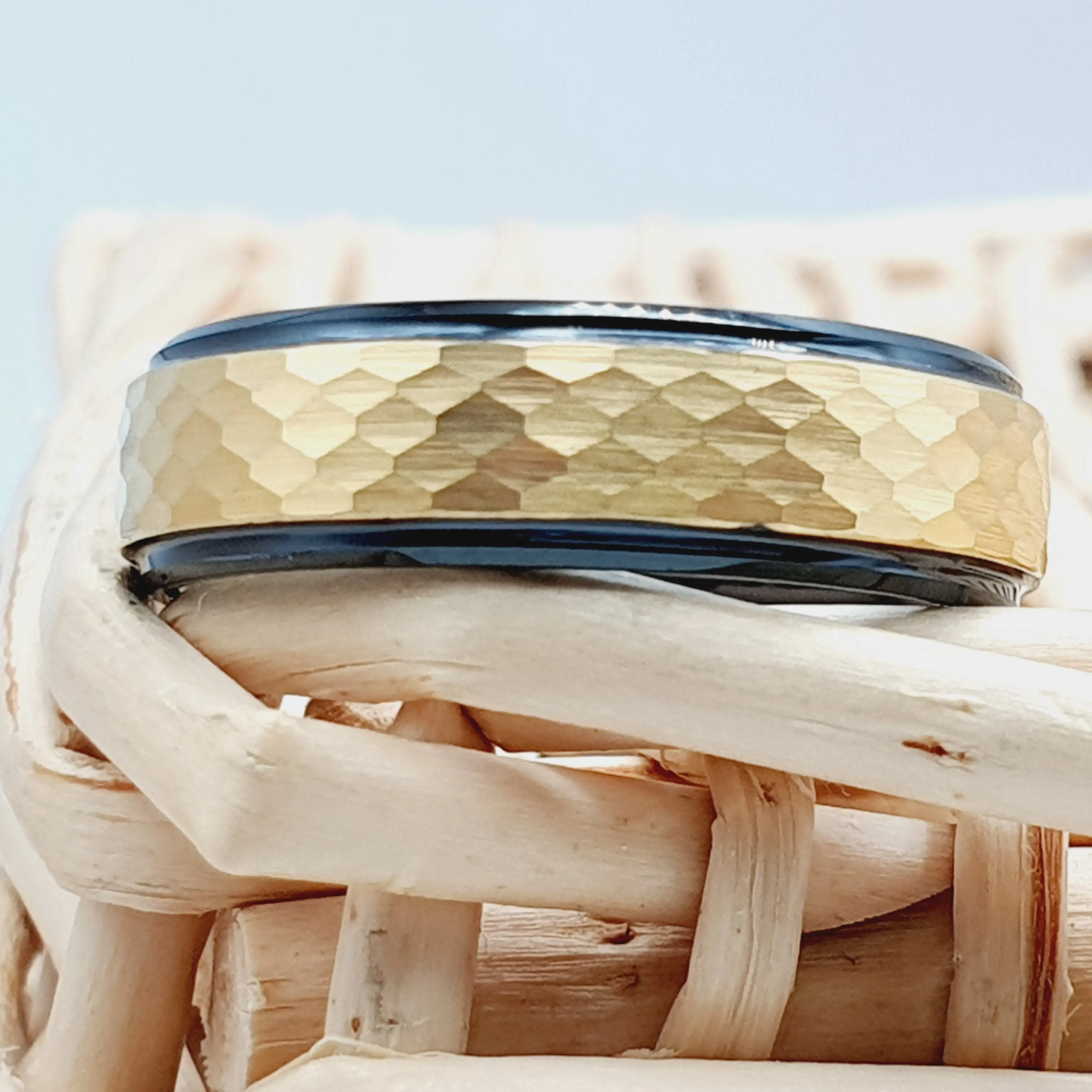 Gold Hammered Wedding Band for Men, 6mm Mens Wedding Ring, Couple Wedding Band, Black Engagement Ring