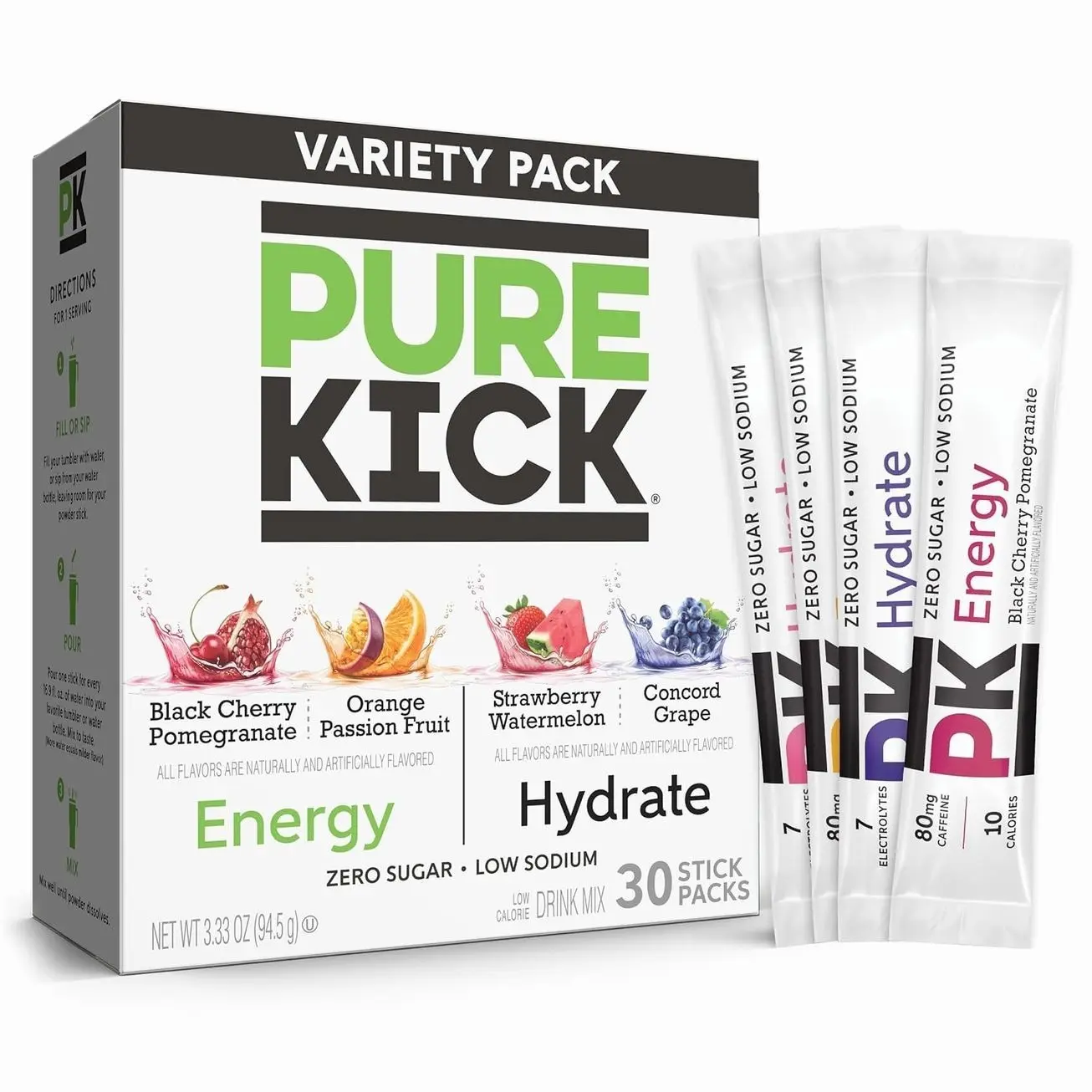 PURE KICK Energy and Hydrate Singles To Go Drink Mix Variety Pack, Black cherry Pomegranate, Orange Passion Fruit, Strawberry watermelon and Concord Grape, 30 Count (Pack - 1)