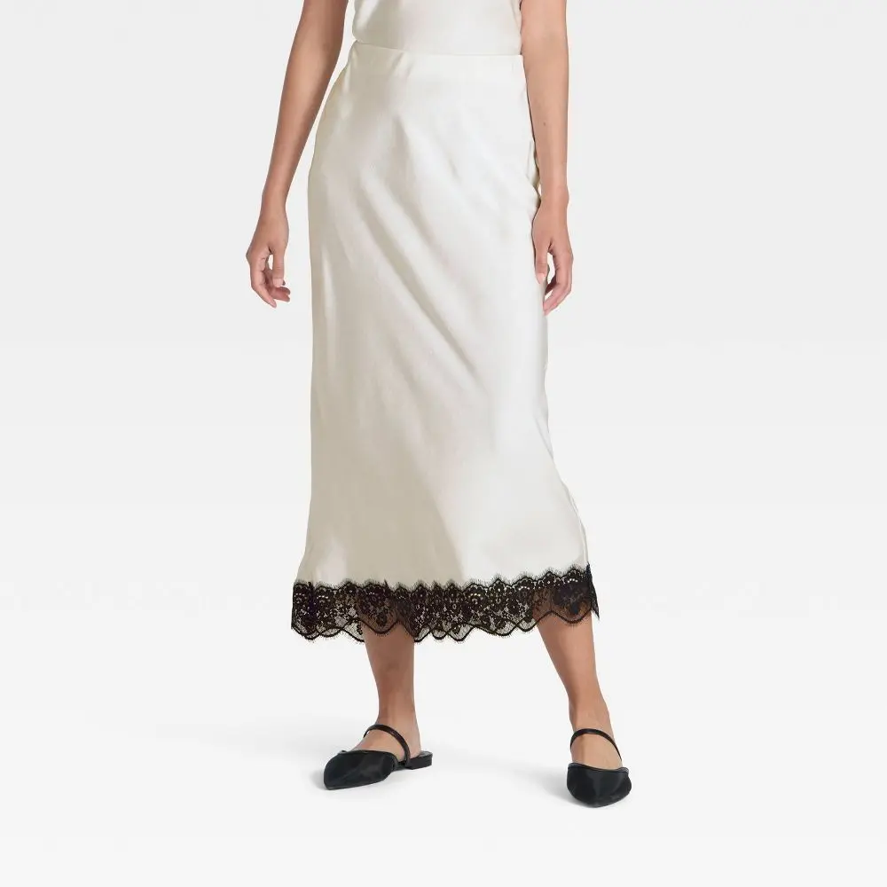 A New Day Women's Plus Size Satin Lace Trim Midi Skirt - Cream