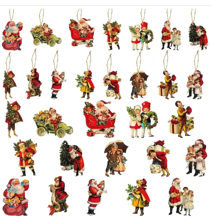 Christmas Wooden Hanging Ornaments - 46Pcs Vintage Xmas Victorian Style Banner Santa Claus Child Hanging Decorations, Christmas Party Theme Decoration Anniversary or Christmas for Party Decor