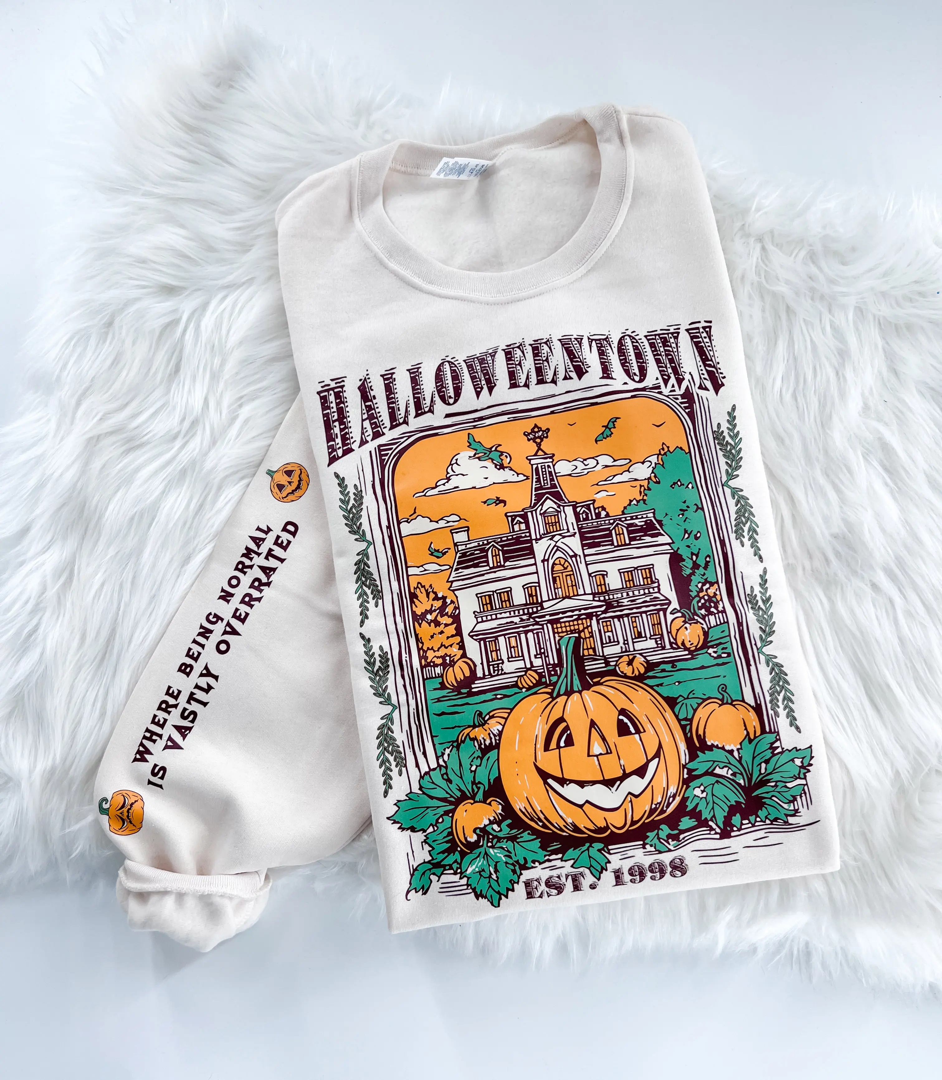 Halloween Pumpkin Town Sweatshirt or Hoodie with Sleeve Prints Comfy Unisex Tops Casual Cotton Poly Blend Soft Fabric DTF Printed Long Sleeve Oversized