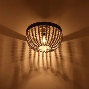 2024 Rustic Wood Beaded Chandelier Ceiling Light - Sleek Flush Mount Design, Elegant White Finishing, Unique Wooden Beaded Accents - Perfect for Cozy Bedrooms, Ideal for Whimsical Nursery Rooms, Delightful for Little Girls Rooms, SuDining Room Decor