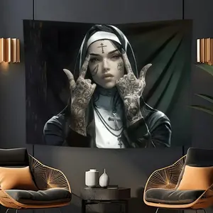 Gothic Nun Tapestry with Cross Tattoo Design, Polyester Wall Hanging, Aesthetic Bedroom & Living Room Decorwall decor flags