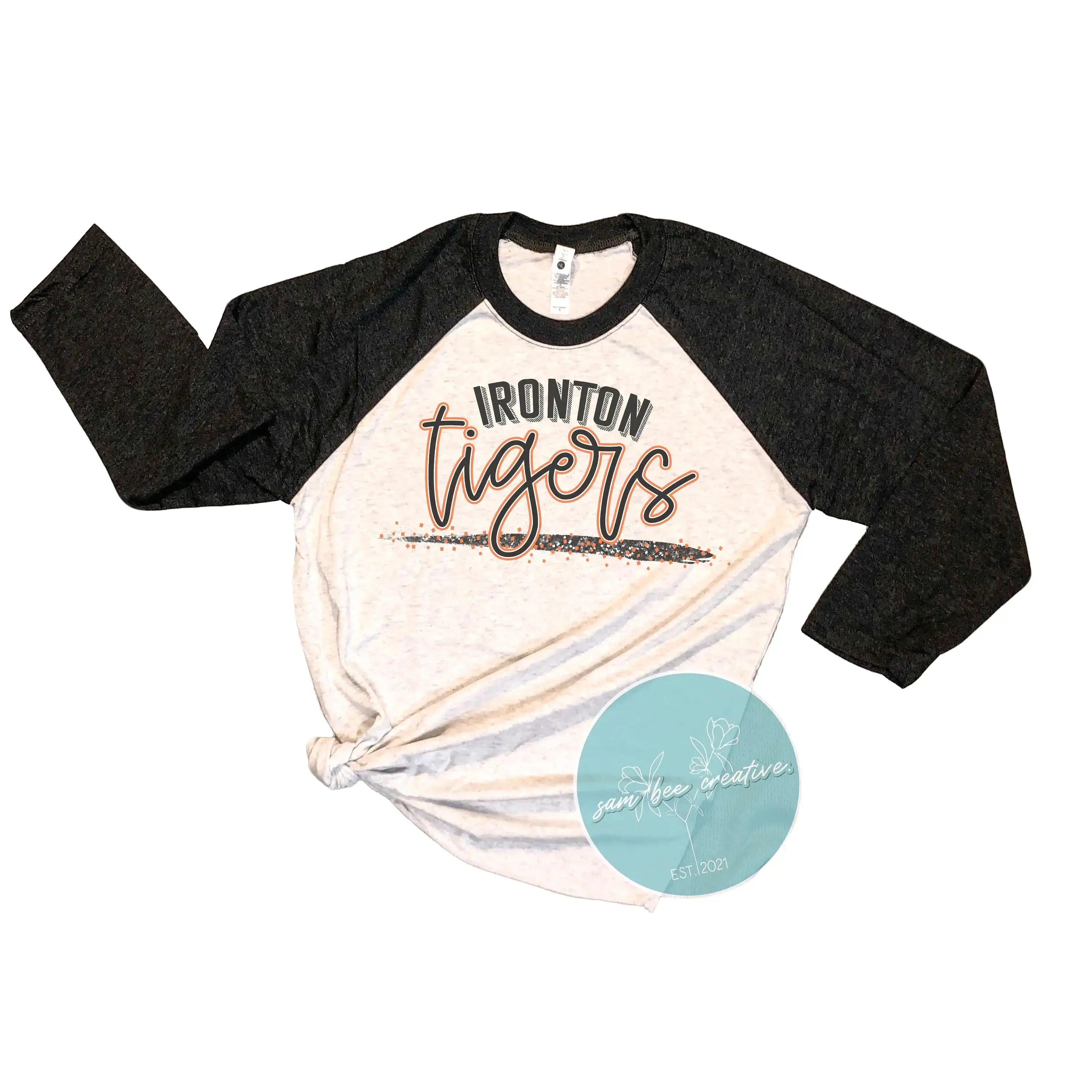 Ironton Fighting Tigers 3/4 Sleeve Raglan Baseball Tee / Black Sleeve Raglan / Retro Vintage Logo / Block Letter Retro Shirt