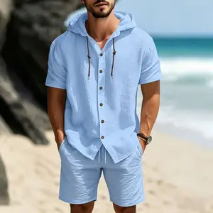 Men’s summer linen blend hooded shirt with short sleeves and buttons, casual beach vacation two-piece set with matching shorts; solid color, versatile for everyday wear, premium quality men’s apparel.