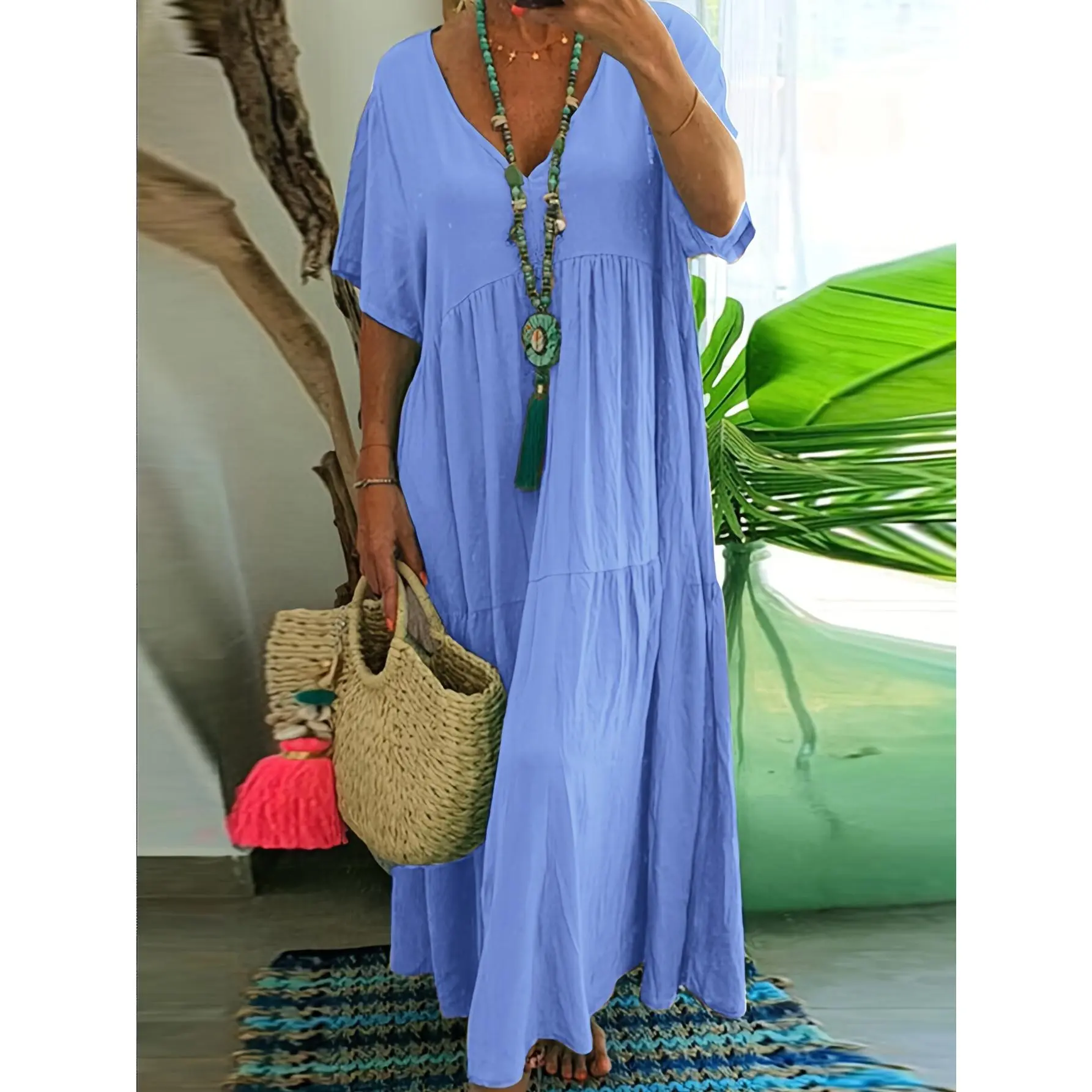 Solid Plus Size Ruched Tiered Dress - Casual Short Sleeve V Neck Loose - For Spring & Summer Women's Clothing