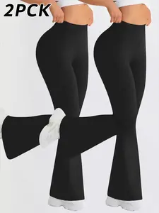 2-Pack Plus Size High-Waisted Flared Pants, Stretchy Comfortable Sportswear, Solid Color Yoga Bottoms, Summer New Arrival for Women, Training Leggings
