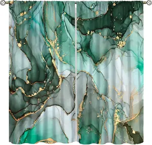 Green Marble Curtains, Abstract Emerald Green Gold Ink Texture Modern Art Print Drapes for Bedroom Living Room Kitchen Office Dinning Room Window Treatment, 42x63 Inch