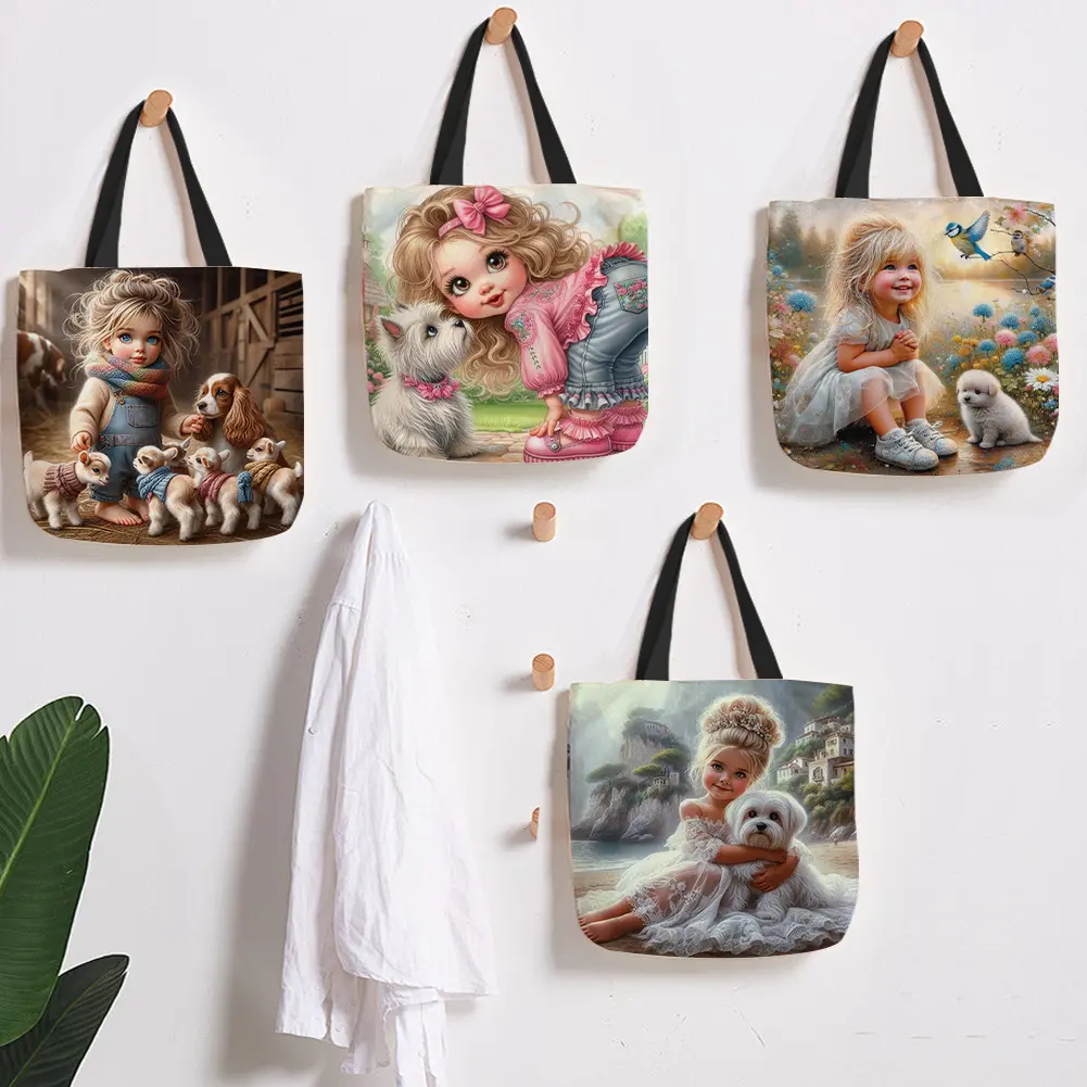 Linen Tote Bags for Women, 4-Pack Vertical Square Printed Shoulder Bags, Large Reusable & Environmentally Safe for Shopping, Foldable Reuse, Casual, Double Handle, Open Top Bag