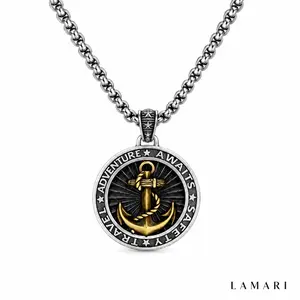 LAMARI Silver-Tone Anchor Tag Pearl Chain Necklace, Silver-Plated Copper for Nautical Vintage Looks, Daily Outfits and Gifts
