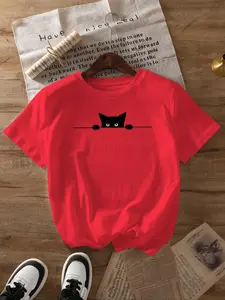 Women's Cartoon Cat Print Round Neck Tee, Fashion Casual Short Sleeve T-shirt, Ladies Summer Clothes for Daily Wear