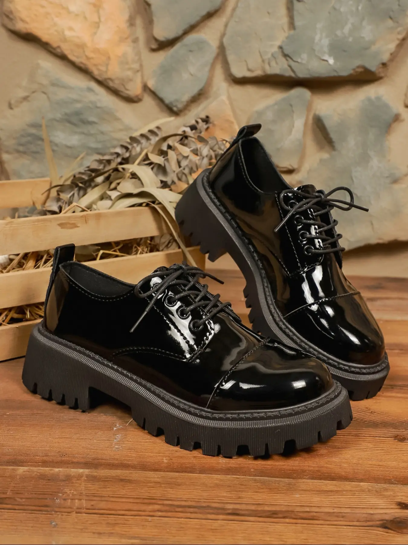 Patent Leather Chunky Platform Oxford Shoes, Lace-Up Design, Vintage  British Style, Glossy Material, Height Increase, Casual Denim Wear - TikTok  Shop