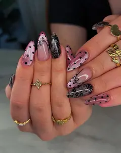 Pink Polka Dot Coquette Press On Nails | Lace Stiletto Nails | Romantic Vintage Nail Set | Bow Accent Nails | Handmade Press Ons
