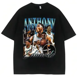 Vintage Anthony Edwards Graphic Print Acid Washed Oversized T‑Shirt, Basketball Fans Gift Tee, Heavyweight Cotton Streetwear Unisex Top For Men