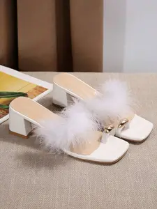 Women’s Clear Crystal Fluffy Mules – Sexy Peep Toe High Heel Slide Sandals, Trendy Transparent Slip-On Heels for Party & Summer Outfits