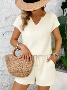 Women's Beach Style Sporty Style Short Sleeve Design V-Neck Top Set, Casual Sportswear Shorts, Oana Sports Set 2-Piece, Workout Sets, Loose Fit Above the Knee