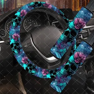 3Pcs/Set Skull & Flower Car Interior Set, Car Interior Accessory, Teal Purple Style, Includes Steering Wheel Cover, Car Seat Belt Cover, No Inner Ring, Durable Material, For Women, Car Enthusiasts, Gift For Drivers.11.27QWA-277@278