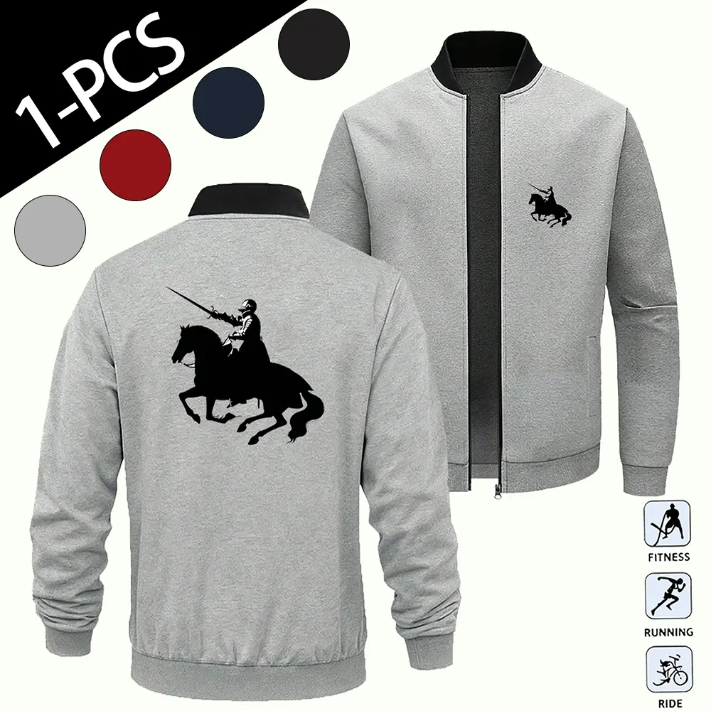 Vintage Medieval Horse Riding Knight Black Silhouette Printed Baseball Collar Zip Up Sports Jacket Unisex Versatile Loose Long Sleeve Coat For Fitness Cycling Running Daily Life Single Pack Full Sizes XS To XXXL
