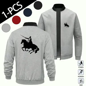 Vintage Medieval Horse Riding Knight Black Silhouette Printed Baseball Collar Zip Up Sports Jacket Unisex Versatile Loose Long Sleeve Coat For Fitness Cycling Running Daily Life Single Pack Full Sizes XS To XXXL