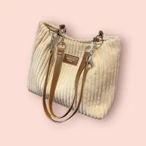 Teddy Bag - Cream Textured Design with Chain Strap and Clasp Closure
