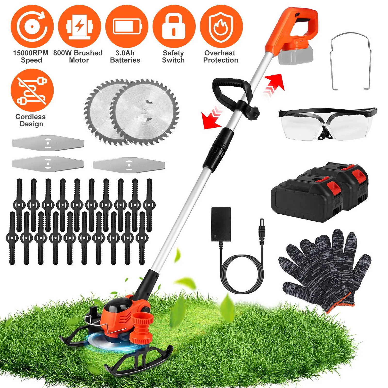 Cordless Wheeled Grass Trimmer Complete Kit - 800W Pure Copper Motor (15000RPM), 2x21V 3000mAh Batteries, 3 Cutting Parts (Plastic Saw, Stainless Steel Blades), Height-Adjustable Wheels, Ergonomic Handle, Garden Tool Box with Grass Trimmer Accessories