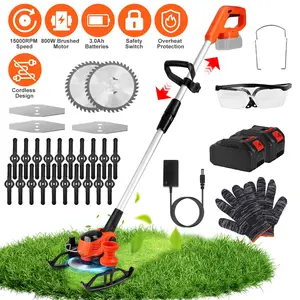 Cordless Wheeled Grass Cutting Tool Complete Kit, 800W Pure Copper Motor (15000RPM), 2x21V 3000mAh Batteries, 3 Blades (Plastic/Saw/Stainless Steel), Height-Adjustable Wheels, Ergonomic Handle, Home & Garden Grass Trimmer Accessories