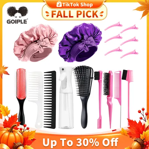 Goiple 17-Piece Pink Female Hair Grooming Tool Kit - 9-Row Anti Frizz Brush, Wide Tooth Comb, Satin Bonnet for Women, Nylon Bristle Edge Tool, Detangler, Wet/Dry Safe for Curly Styling, Detangle Hair Solutions, Shine Enhancer