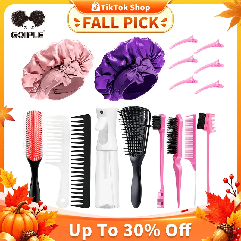 Goiple 17-Piece Pink Female Hair Grooming Tool Kit - 9-Row Anti Frizz Brush, Wide Tooth Comb, Satin Bonnet for Women, Nylon Bristle Edge Tool, Detangler, Wet/Dry Safe for Curly Styling, Detangle Hair Solutions, Shine Enhancer,familyfun
