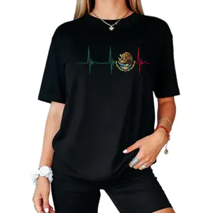 Women's 100% Cotton Crew Neck Short Sleeve T-Shirt - Basic Essential Casual Fabric Top, Soft Breathable with Mexico Heartbeat EKG Pulse & Mexican Pride Emblem