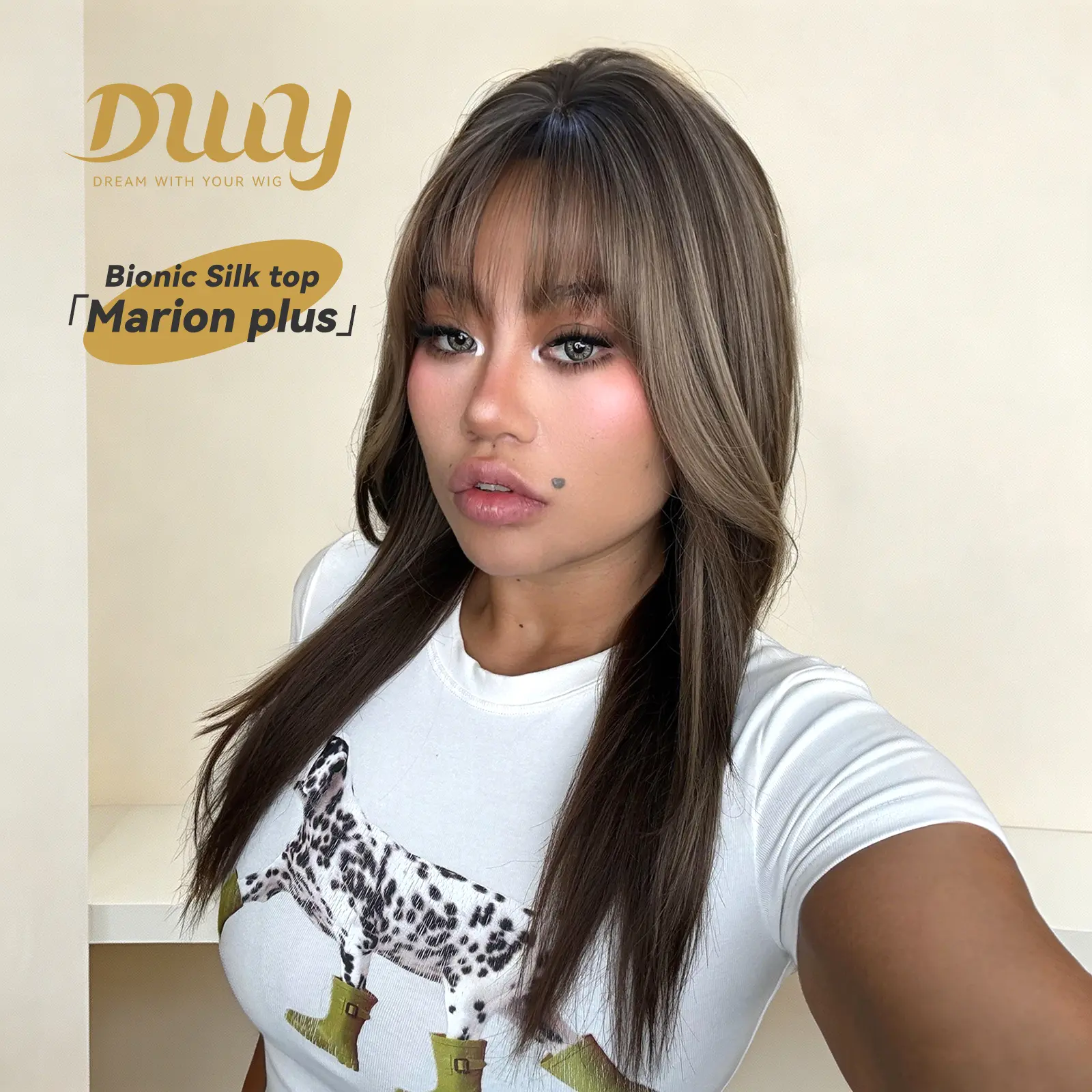 Marion Plus -DWY New Technology! Bionic Silk Top Mix Brown 22-Inch Long Wave Glueless Synthetic Wig with Bangs for Women High-Quality Premium Fiber Easy Wear Comfortable Fit Straight Layered Wigs Convenient Wigs