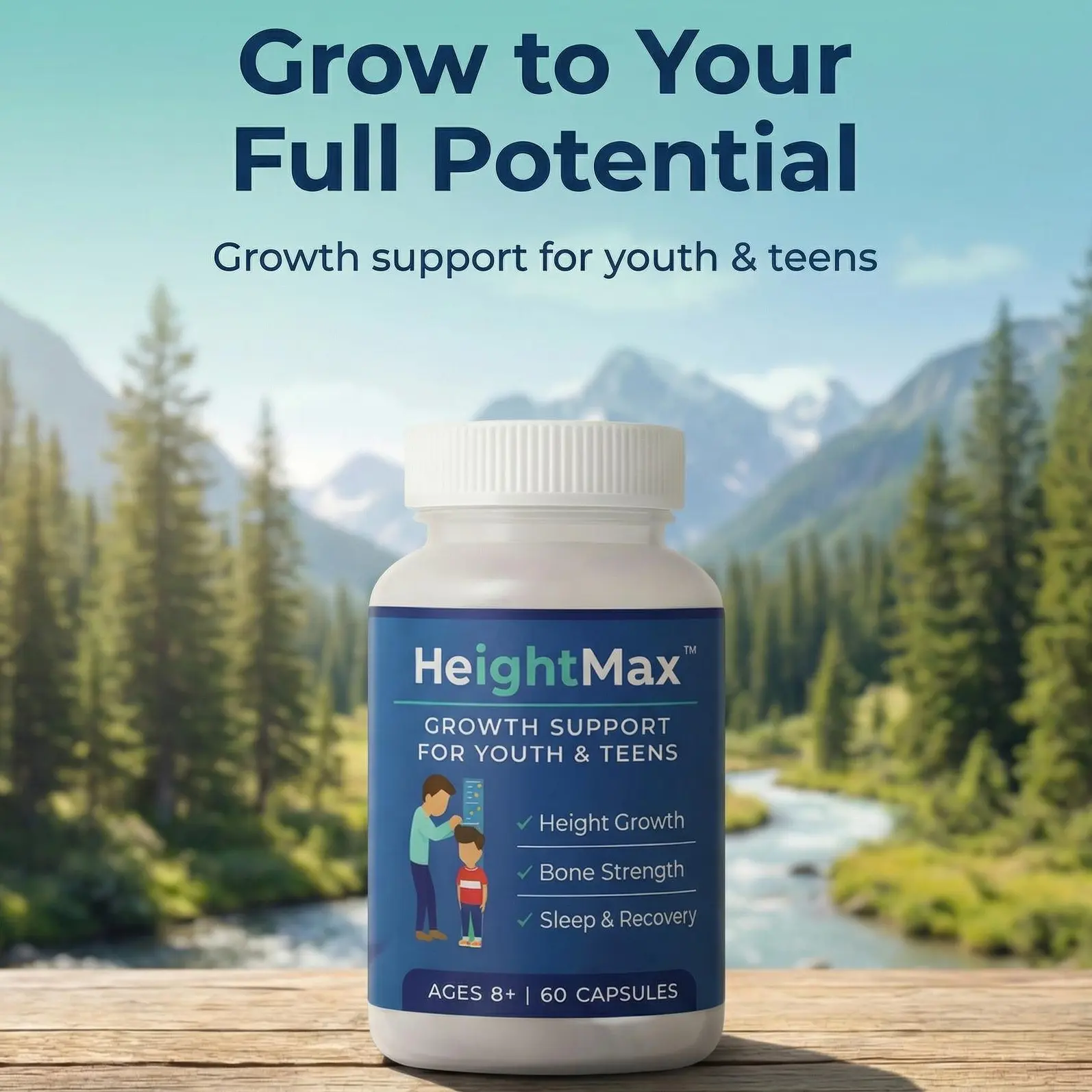 HeightMax Edible Height Growth Vitamin Daily Dietary Supplement - 60 Capsules with Calcium, D3, Zinc, L-Arginine for Bone Strength & Natural Development