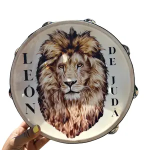 Lion Tambourine Synthetic Leather Hand Drum with Non-Slip Grip & Metal Cymbals for Pleasant Sounds