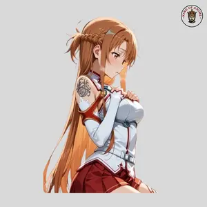 Asuna Waifu Sticker, Asuna  with Long Hair and Arm Tattoo in Warrior-Inspired Outfit, Bold Vinyl Decor for Laptop, Water Bottle, and Notebook