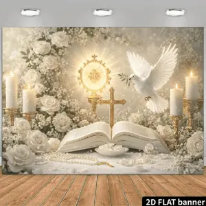 2D Flat Religious Polyester Backdrop & Banner, Summervibes Themed with Opened Bible, Golden Holy Communion Light, Flying Dove, Lit Candle, Golden-Rose Bouquet, Scattered Petals, White Lace Tablecloth for Birthday & Festive Decor, Banners