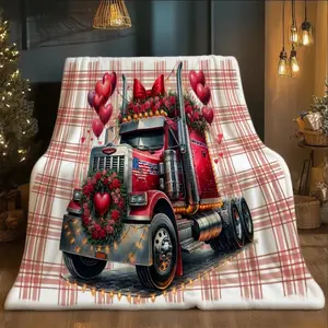 【JIT】One Piece White Background Red Plaid Truck Print Flannel Blanket - Super Soft and Fluffy, Suitable for Sofa and Bed, All Seasons, 100% Polyester Material, Machine Washable, Suitable for Travel, Office Rest, Holiday Gift for Friends